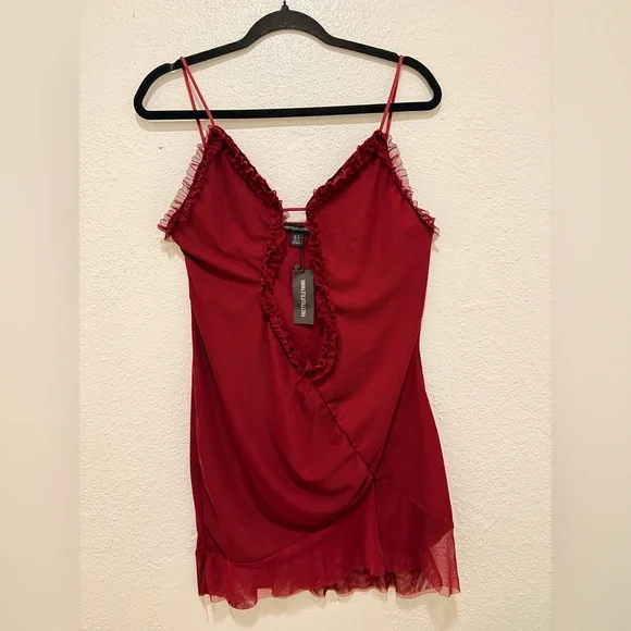 PrettyLittleThing Burgundy Ruffle Cut-Out Backless Mini Dress - Picture 2 of 5
